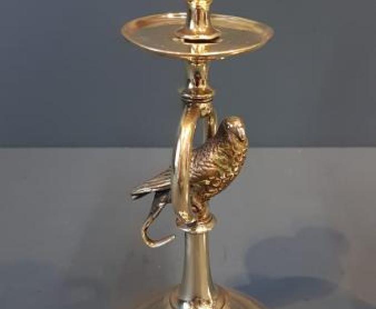 Pair of Brass Candlesticks With Budgerigar  - Image 7