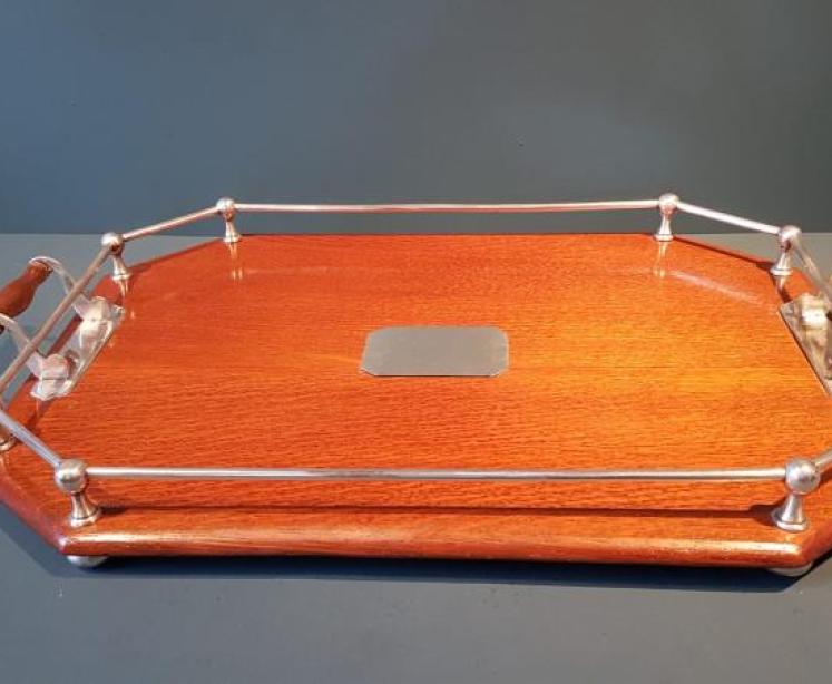 Immaculate Victorian Oak and Silver Plate Tray - Image 1