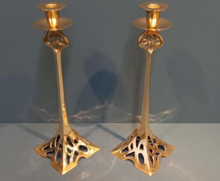 Pair of Art Nouveau Cast Brass Candlesticks - Image 7