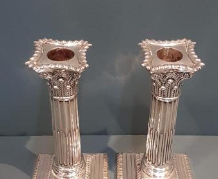 Pair of Victorian Silver Corinthian Column Candlesticks - Image 2