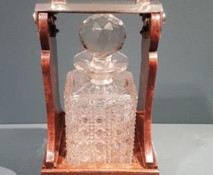 Victorian Oak and Silver Plate Single Bottle Tantalus - Image 1