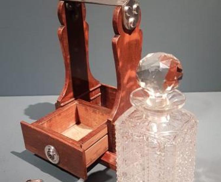 Victorian Oak and Silver Plate Single Bottle Tantalus - Image 2