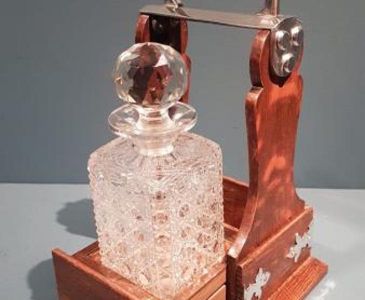 Victorian Oak and Silver Plate Single Bottle Tantalus - Image 3