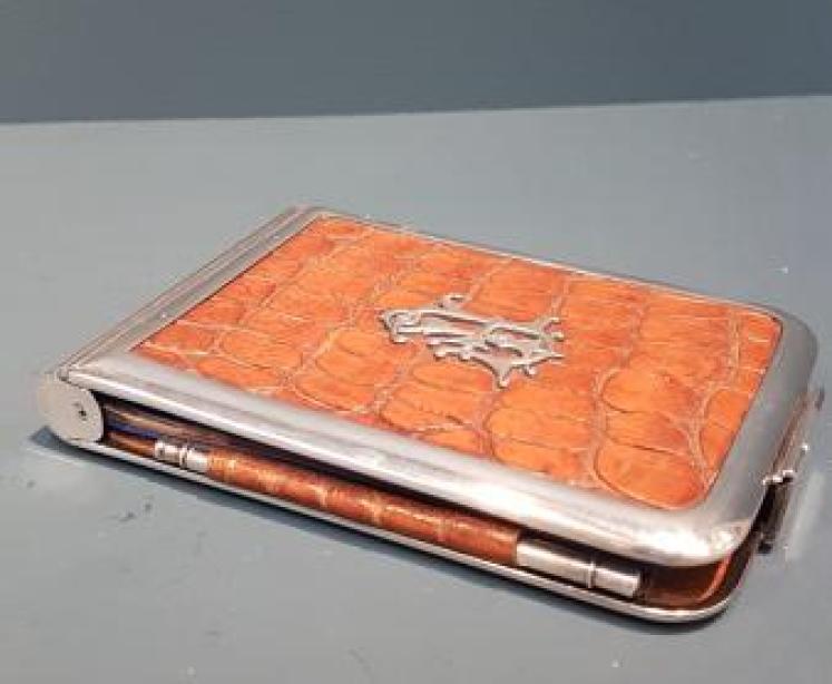 Victorian Silver and Crocodile S-Line Note Pad and Pencil - Image 1