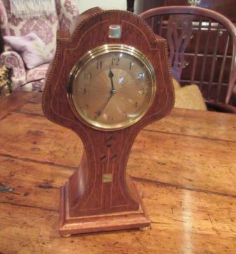 Art Nouveau Period Polished Oak Inlaid Mantel Clock