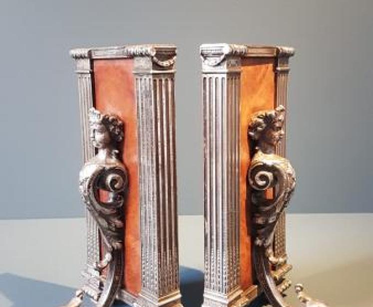 Matching Pair of Silver Plate and Leather Book Ends - Image 1