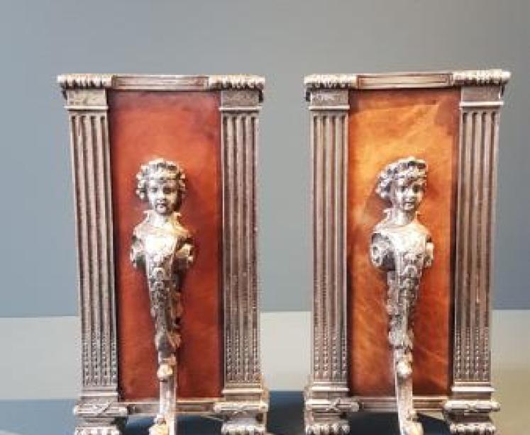 Matching Pair of Silver Plate and Leather Book Ends - Image 3