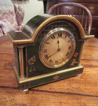 Edwardian Period Chinoserie Green Lacquered Mantel Clock