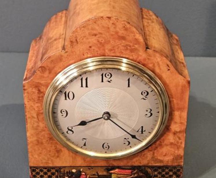 Edwardian Walnut and Chinoiserie Mantel Clock - Image 6