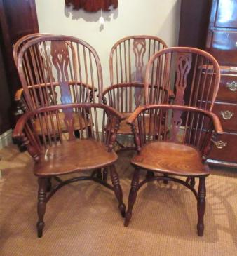 Set of Four Early 19th Century Yew Windsor Armchairs