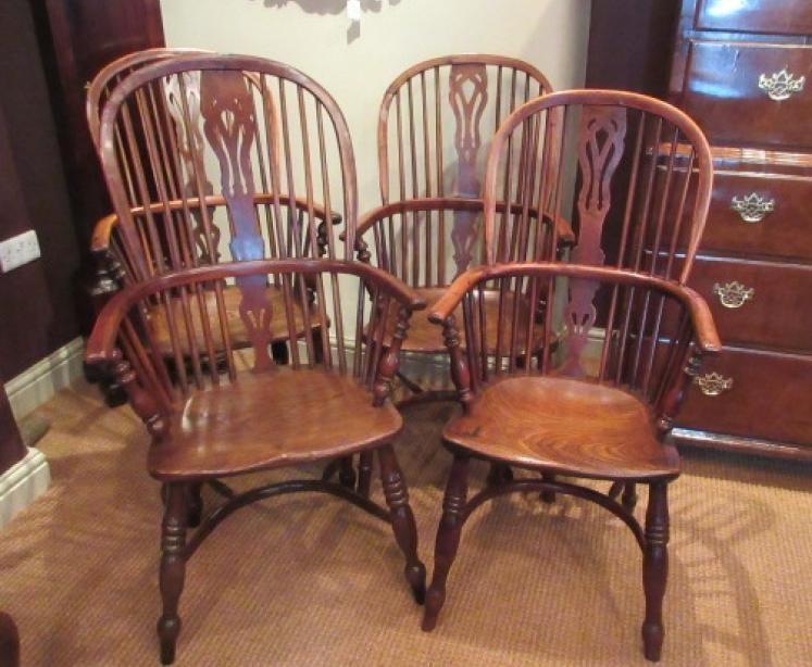 Set of Four Early 19th Century Yew Windsor Armchairs - Image 1