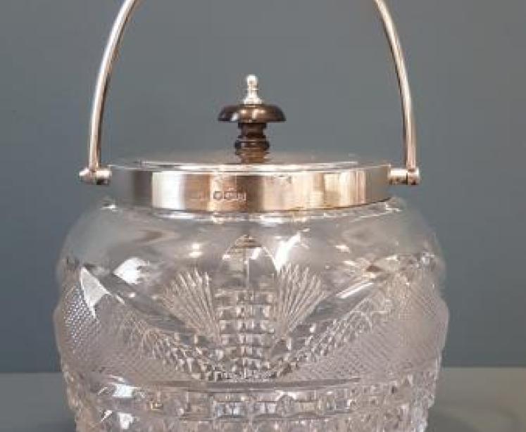 George V Solid Silver And Cut Crystal Biscuit Jar - Image 1