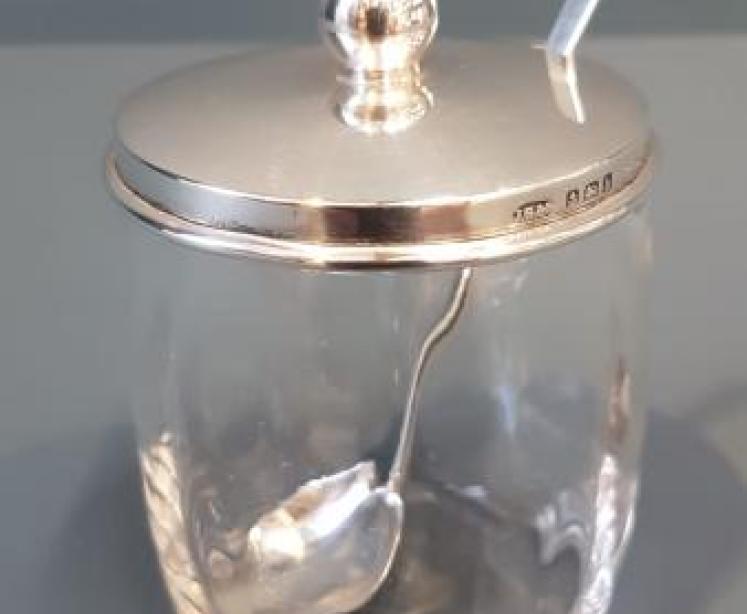 Edwardian Silver Topped Jam Pot and Matching Spoon - Image 1