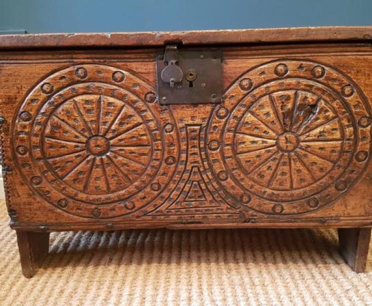  Elm Six Plank Coffer With Carved Front - Image 2