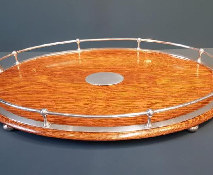Immaculate Victorian Oak and Silver Plate Tray  - Image 1