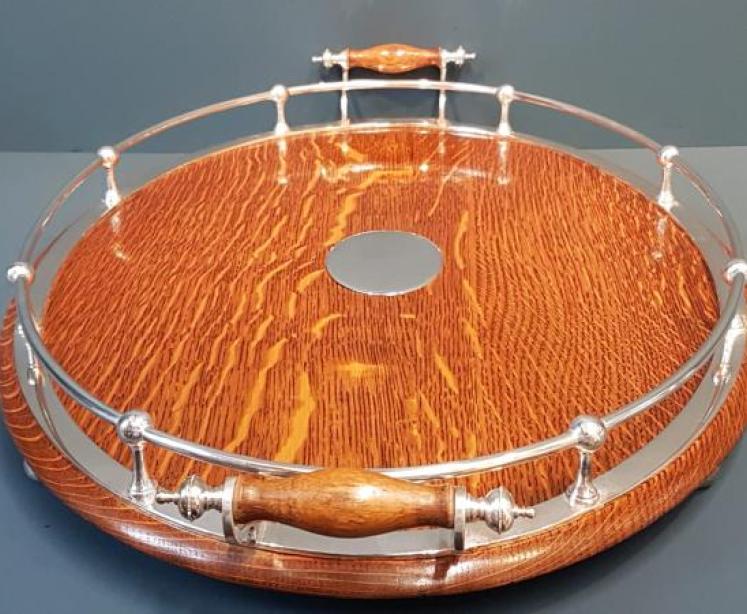 Immaculate Victorian Oak and Silver Plate Tray  - Image 4