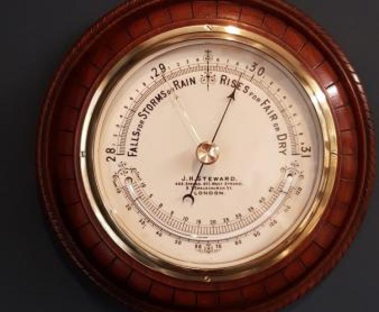 Victorian Walnut Barometer With Crescent Thermometer by Steward - Image 1