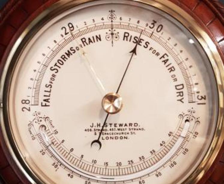 Victorian Walnut Barometer With Crescent Thermometer by Steward - Image 3