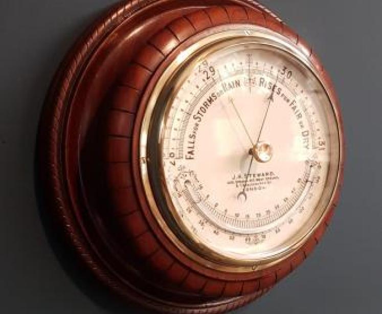 Victorian Walnut Barometer With Crescent Thermometer by Steward - Image 6