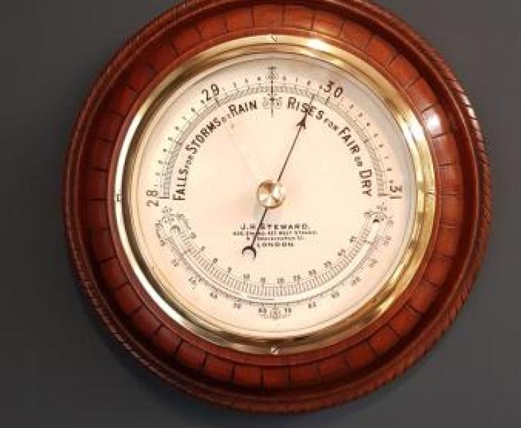 Victorian Walnut Barometer With Crescent Thermometer by Steward - Image 7