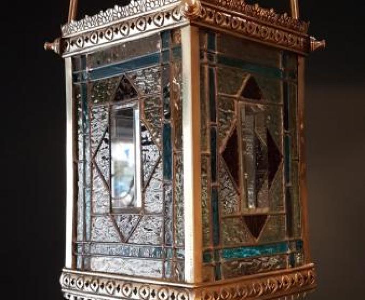Brass Framed Leaded Glass Lantern - Image 1