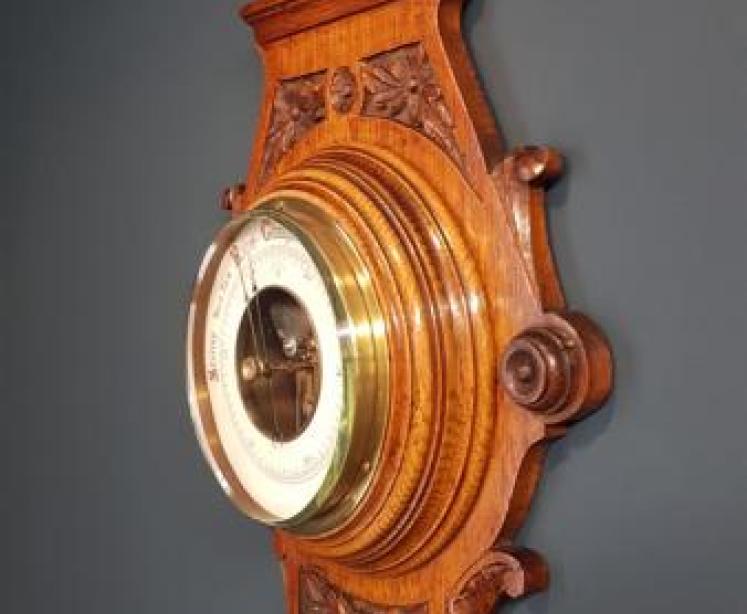 Victorian Golden Oak Carved Aneroid Barometer - Image 4