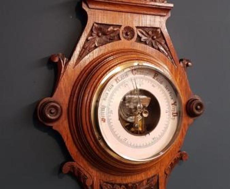 Victorian Golden Oak Carved Aneroid Barometer - Image 6