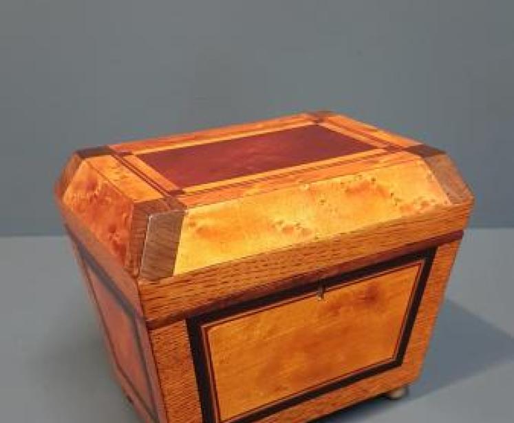Regency Oak, Satinwood and Mahogany Tea Caddy - Image 1