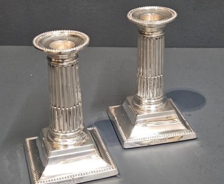Pair of  Victorian Silver Reeded Column Candlesticks - Image 2