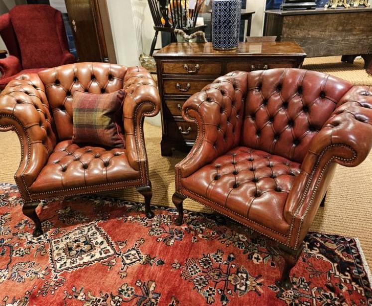 Matching Pair of 1920's Red Leather Chesterfield Arm Chairs - Image 1