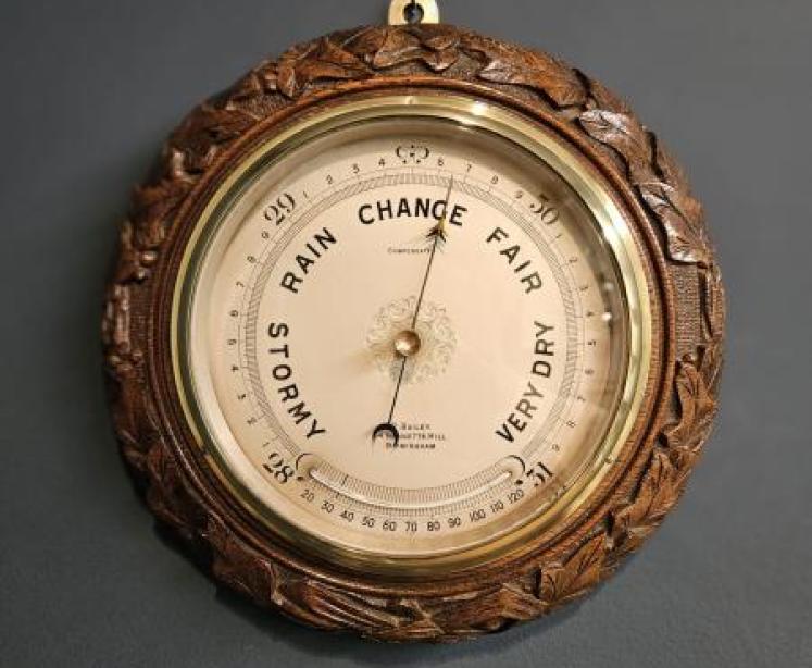 Carved Oak Ships Barometer with Crescent Thermometer - Image 1