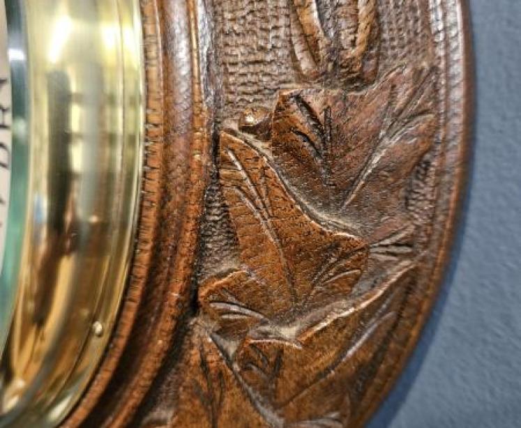 Carved Oak Ships Barometer with Crescent Thermometer - Image 5