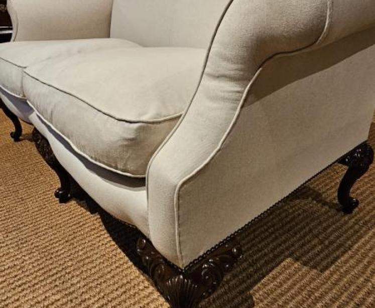 Matching Pair of Victorian Linen Covered Sofas - Image 4