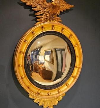Large Regency Timber Gilt Convex Mirror at Sturmans Antiques Mirror for sale