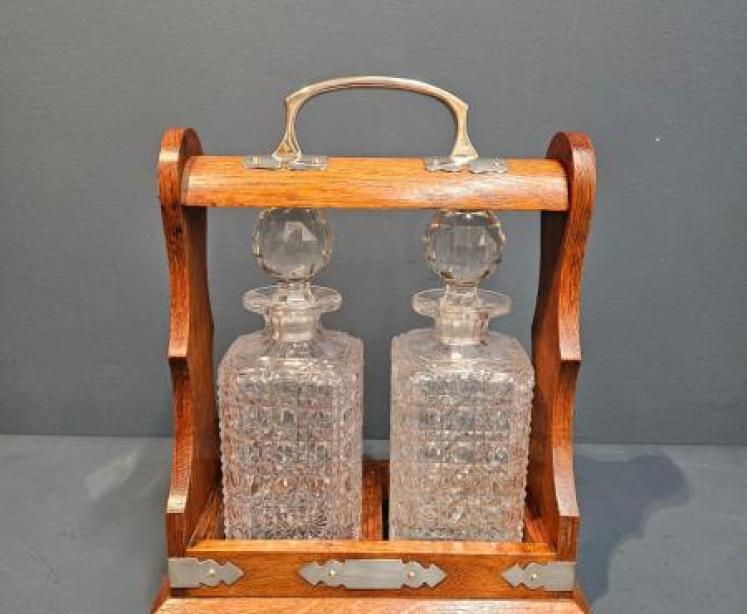 Victorian Oak & Silver Plated Two Bottle Tantalus - Image 1