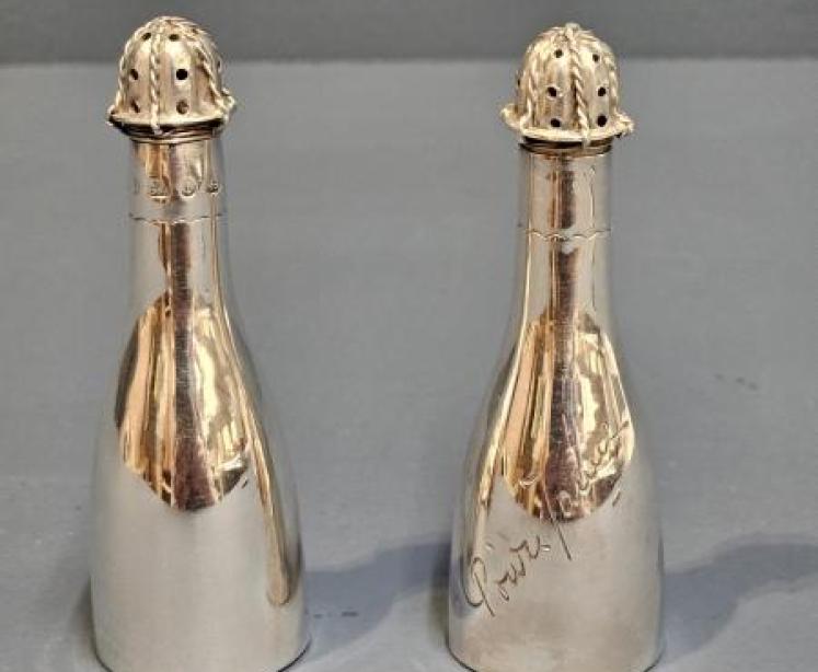 Pair of silver Victorian Champagne Bottle Peppers - Image 1