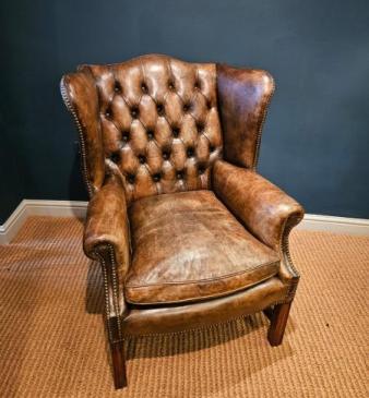 Superb 1920's Brown Hide Wing Back Arm Chair