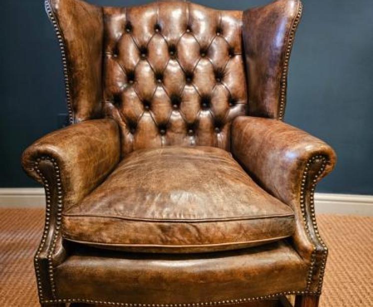 Superb 1920's Brown Hide Wing Back Arm Chair - Image 3
