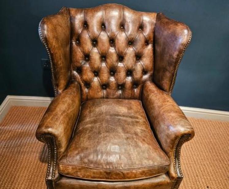 Superb 1920's Brown Hide Wing Back Arm Chair - Image 4