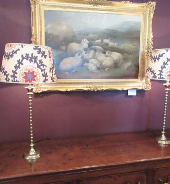 Tall Solid Brass Lamp & Crewel Work Shade