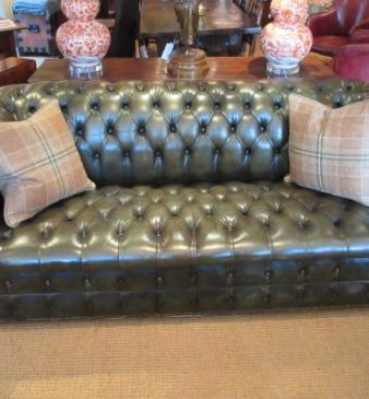 Superb 1930's Olive Green Leather Chesterfield Settee