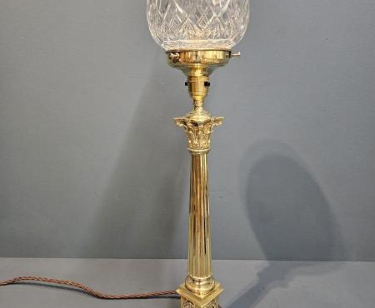 Edwardian Reeded Column Lamp and Crystal Shade - Image 1