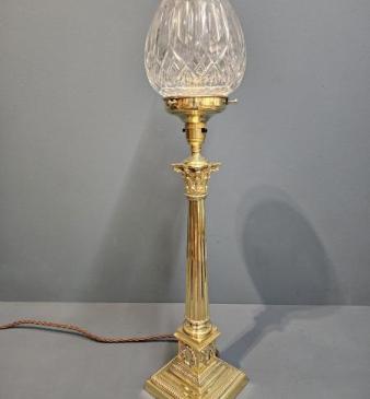 Edwardian Reeded Column Lamp and Crystal Shade