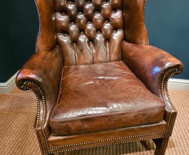 Superb 1920's Brown Leather Wing Arm Chair - Image 4