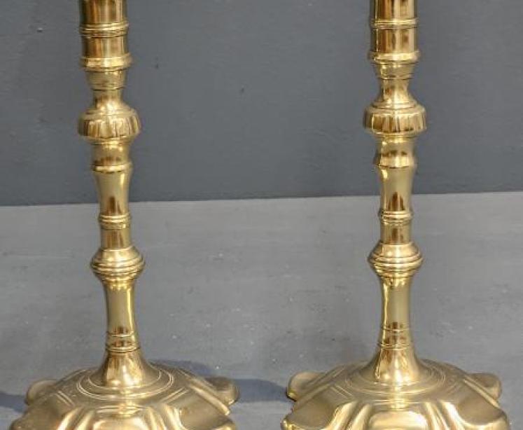 Pair of George III Brass Petal Base Candlesticks - Image 1