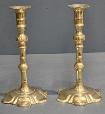 Pair of George III Brass Petal Base Candlesticks