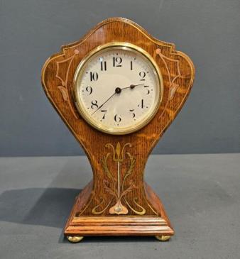 Brass Inlaid Art Nouveau Mantel Clock