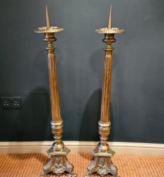 Early Victorian Pair of Floor Standing Brass Pricket Candlesticks