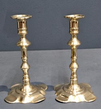 Pair of George III Brass Petal Base Candlesticks