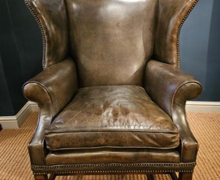 Superb Edwardian Olive Green Leather Wing Back Armchair - Image 1